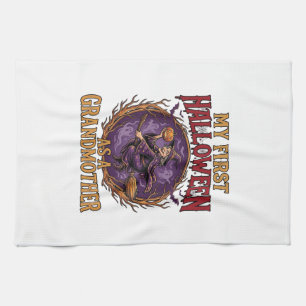 First Halloween As Grandmother Witch Pumpkin Bats_ Tea Towel