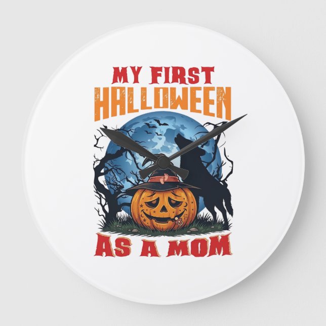 First Halloween As Mum Pumpkin Wolf Moon_1 Large Clock (Front)