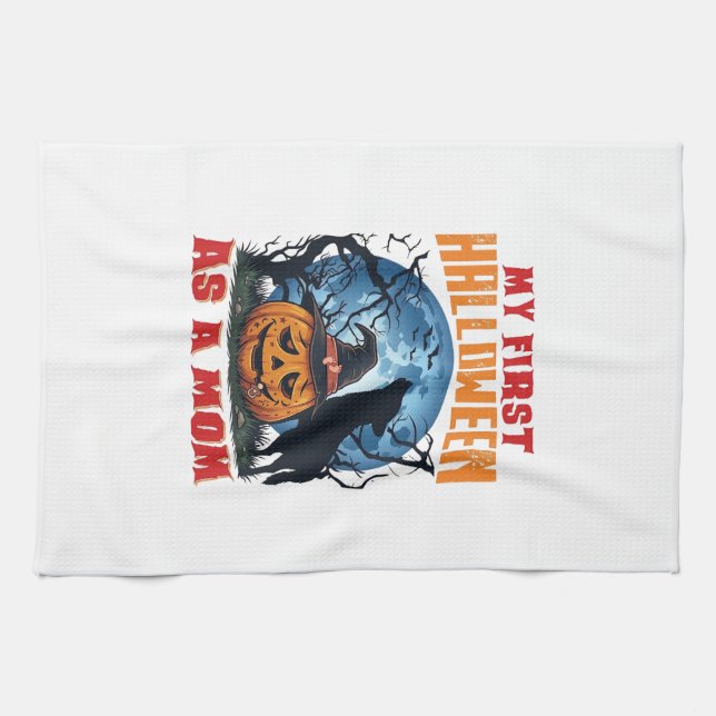 First Halloween As Mum Pumpkin Wolf Moon_1 Tea Towel (Horizontal)