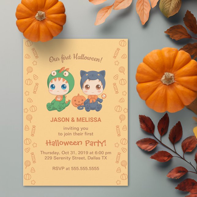 First Halloween Baby Twins Black Cat Dragon Party Invitation (Creator Uploaded)