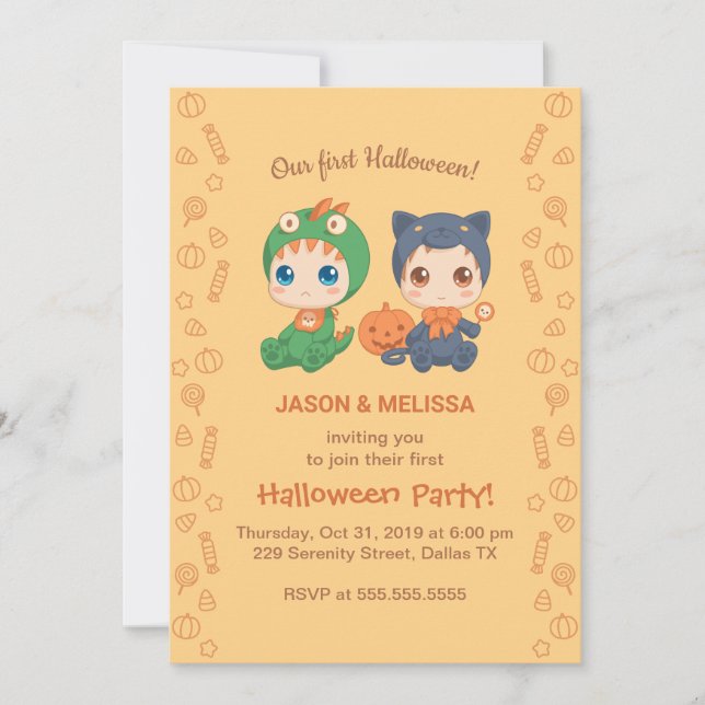 First Halloween Baby Twins Black Cat Dragon Party Invitation (Front)
