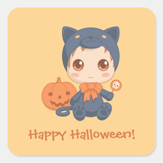 First Halloween Cute Baby Black Cat Costume Square Sticker (Front)