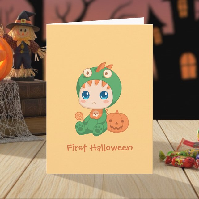 First Halloween Cute Baby Dragon Dinosaur Costume Card (Creator Uploaded)