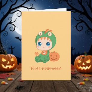 First Halloween Cute Baby Dragon Dinosaur Costume Card