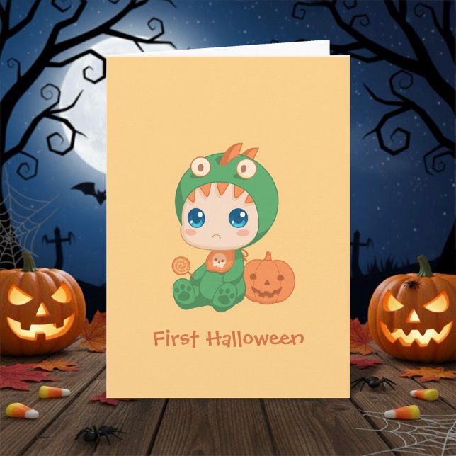 First Halloween Cute Baby Dragon Dinosaur Costume Card (Creator Uploaded)