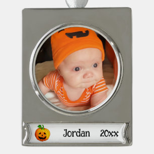 First Halloween Cute Pumpkin Personalise Name Silver Plated Banner Ornament