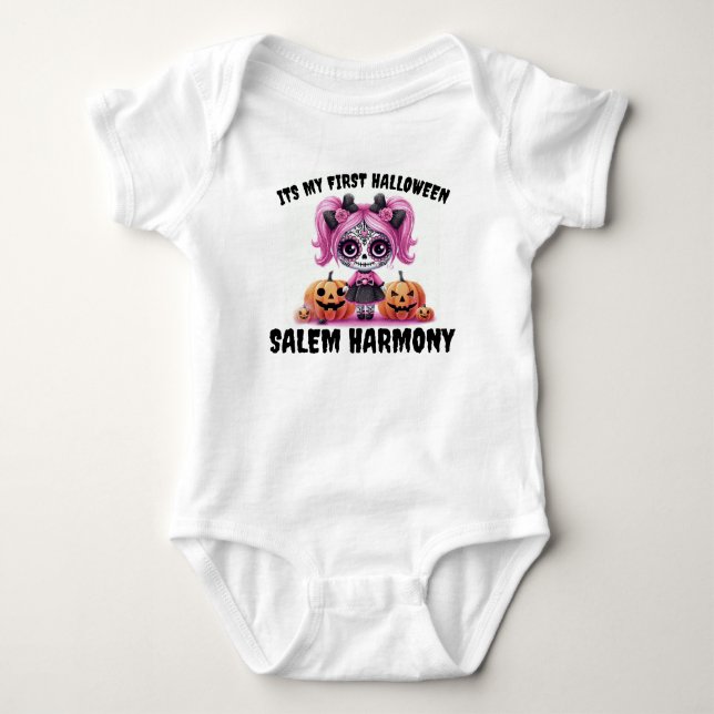 First Halloween Cute Sugar Skull  Baby Bodysuit (Front)