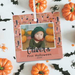First Halloween Orange Mushroom Fall Photo Glass Tree Decoration
