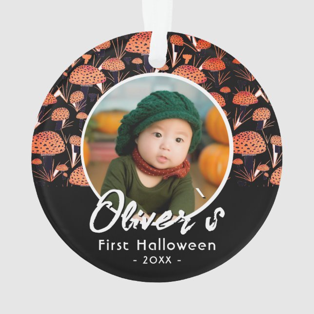 First Halloween Orange Mushroom Fall Photo Ornament (Back)