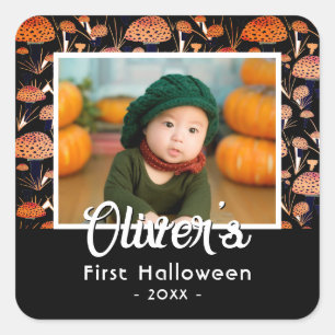 First Halloween Orange Mushroom Fall Photo  Square Sticker