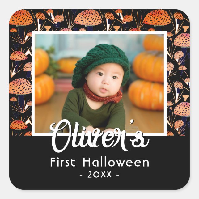 First Halloween Orange Mushroom Fall Photo  Square Sticker (Front)