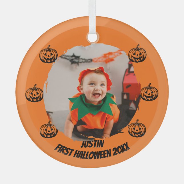 First Halloween Photo Glass Tree Decoration (Front)