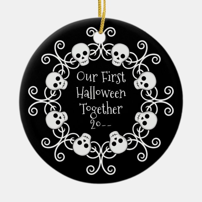 First Halloween together skull wreath Ceramic Tree Decoration (Front)