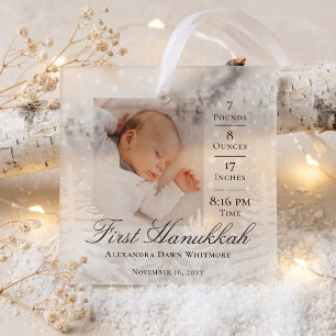 First Hanukkah Baby Birth Stats & Photo Keepsake Glass Tree Decoration
