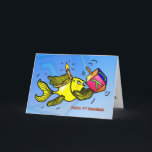 First Hanukkah CARD funny cute fish with dreidel<br><div class="desc">HAPPY 1ST HANUKKAH is a funny cute and fun colorful Greeting Card. Sparky yellow fish is holding a dreidel and wearing a candle like crown :) It's a perfect card for a Perfect Hanukkah. This gorgeous card has matching range of gifts such as postage, Fridge magnets, Tea/Coffee mugs, Stickers T-shirts...</div>