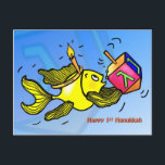 First Hanukkah funny cute fish with dreidel CARD<br><div class="desc">HAPPY 1ST HANUKKAH is a funny cute and fun colorful Greeting Card. Sparky yellow fish is holding a dreidel and wearing a candle like crown :) It's a perfect card for a Perfect Hanukkah. This gorgeous card has matching range of gifts such as postage, Fridge magnets, Tea/Coffee mugs, Stickers T-shirts...</div>