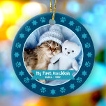 First Hanukkah Pet Kitten Photo Paws Stars Navy Ceramic Tree Decoration<br><div class="desc">“My First Hanukkah.” Celebrate your new pet’s arrival this past year! A turquoise blue banner with your pet’s name and year in whimsical white typography overlays your kitten or puppy’s custom photo. A playful border of turquoise blue paw prints and Stars of David against navy blue surrounds it. Feel the...</div>