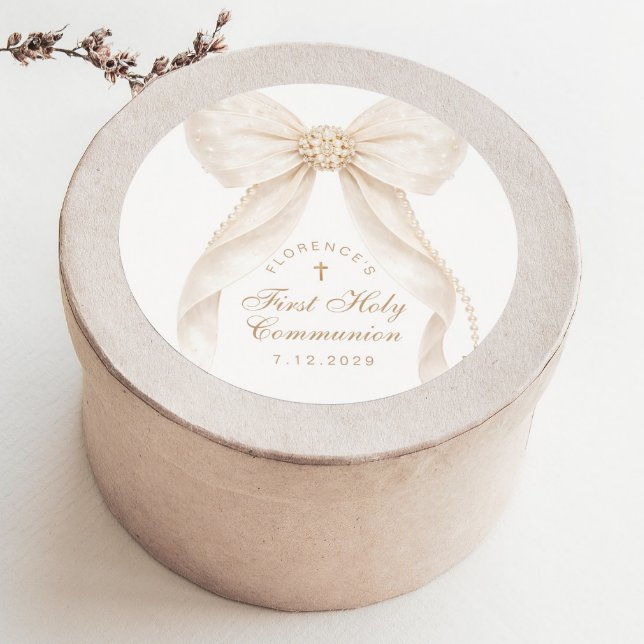 First Holly Communion Gold Cross Ivory Bow Classic Round Sticker (Creator Uploaded)