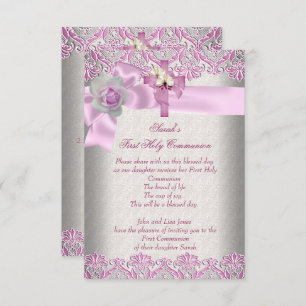 First Holy Communion 1st Cross Girls Cream Pink Invitation
