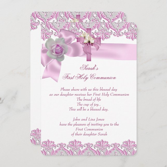 First Holy Communion 1st Cross Girls White Pink 2 Invitation (Front/Back)