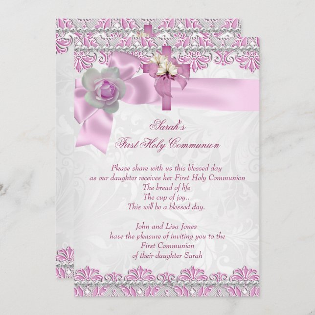 First Holy Communion 1st Cross Girls White Pink 2 Invitation (Front/Back)