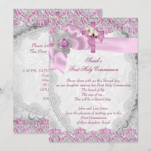 First Holy Communion 1st Cross Girls White Pink 3 Invitation