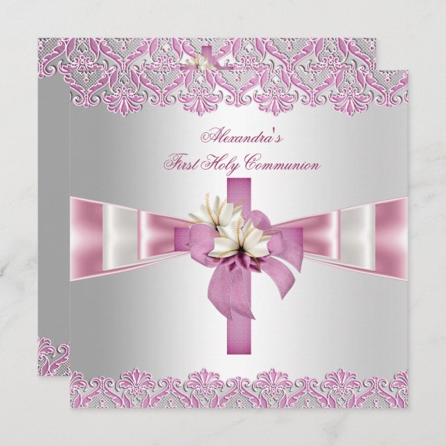 First Holy Communion 1st Cross Girls White Pink Invitation (Front/Back)