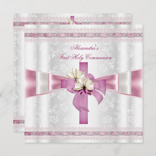 First Holy Communion 1st Cross Girls White Pink Invitation (Front/Back)