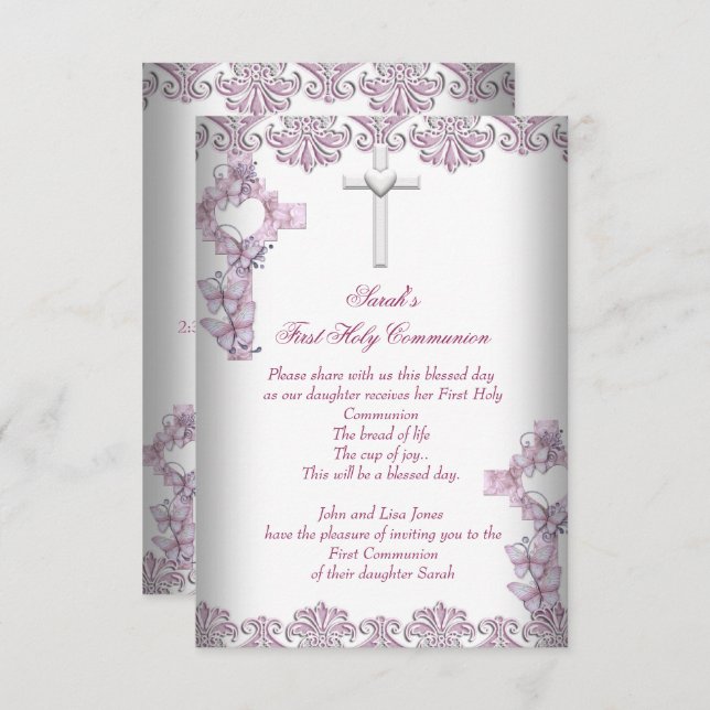 First Holy Communion 1st Cross Girls White Pink Invitation (Front/Back)