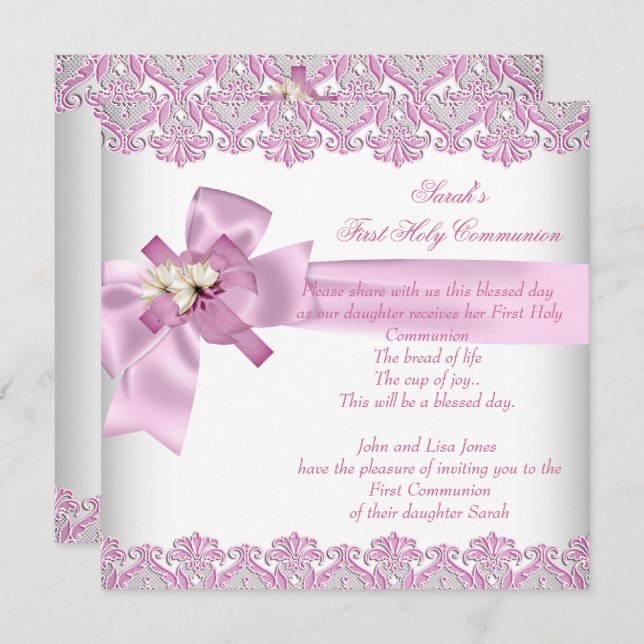 First Holy Communion 1st Cross Girls White Pink Invitation (Front/Back)