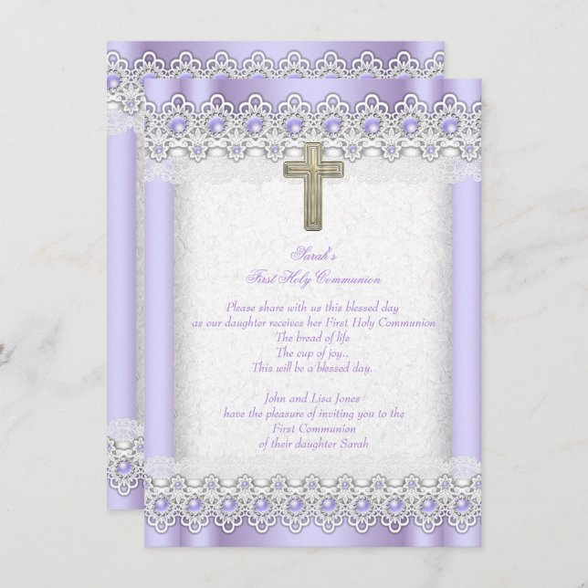 First Holy Communion 1st Girls Cross Lavender Gold Invitation (Front/Back)