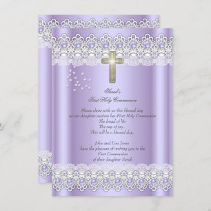 First Holy Communion 1st Girls Cross Lavender Gold Invitation