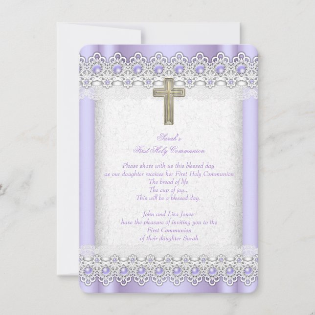 First Holy Communion 1st Girls Cross Lavender Gold Invitation (Front)