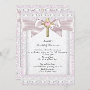 First Holy Communion 1st Girls Cross Pink Lace 3 Invitation