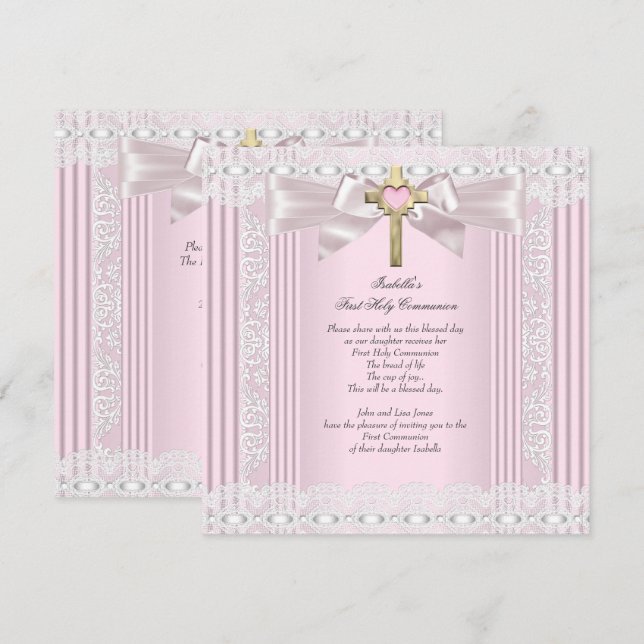 First Holy Communion 1st Girls Cross Pink Lace 5 Invitation (Front/Back)