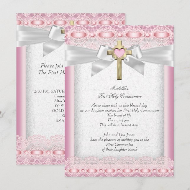 First Holy Communion 1st Girls Cross Pink Lace Invitation (Front/Back)