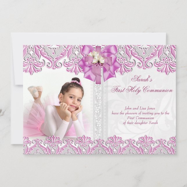 First Holy Communion 1st Girls Lilac Pink Photo 2 Invitation (Front)