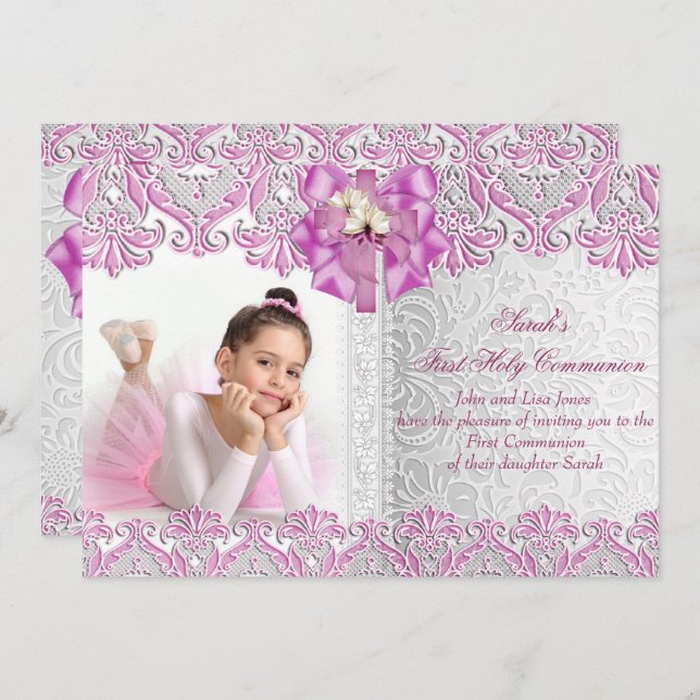 First Holy Communion 1st Girls Lilac Pink Photo Invitation (Front/Back)