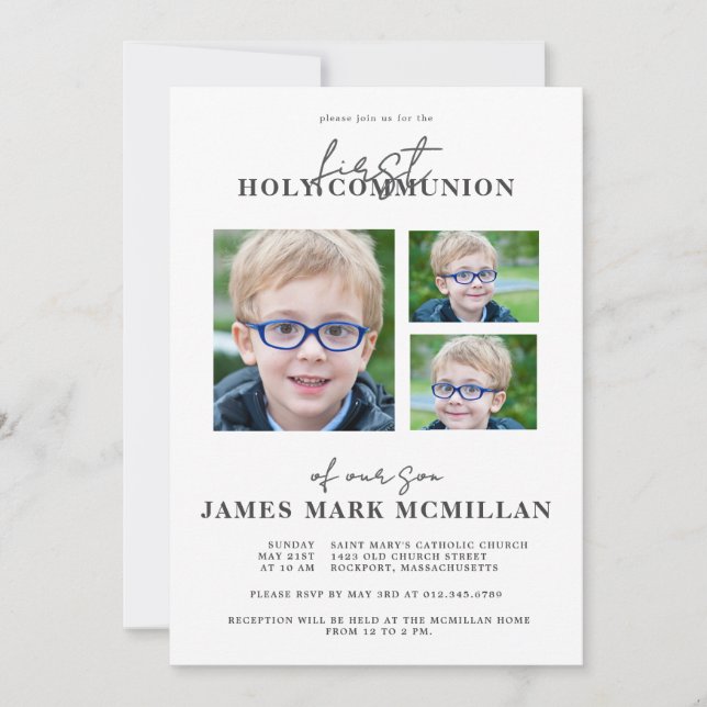 First Holy Communion 3-Photo Collage Boy  Invitation (Front)