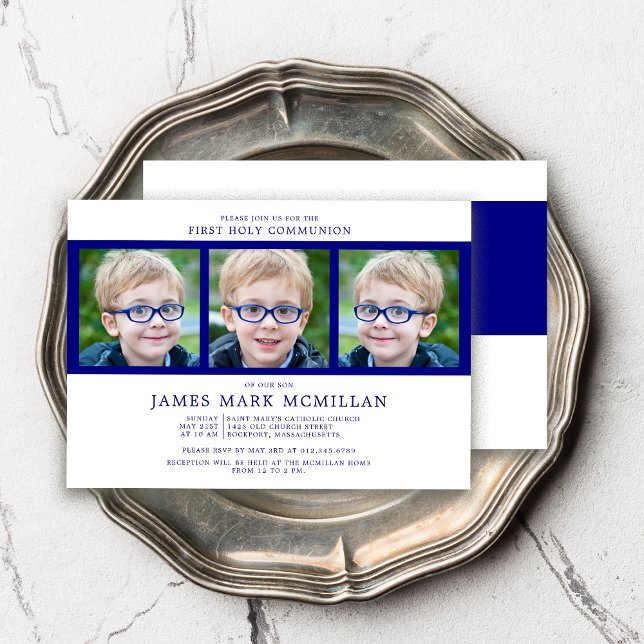 First Holy Communion 3-Photo Collage Boy Navy Blue Invitation (Creator Uploaded)
