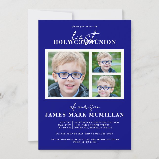 First Holy Communion 3-Photo Collage Boy Navy Blue Invitation (Front)