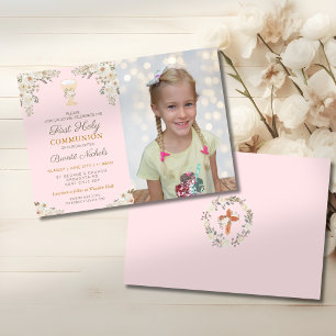 First Holy Communion Baptism Photo Chalice Pink Invitation