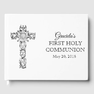First Holy Communion Black White Cross Host Guest Book