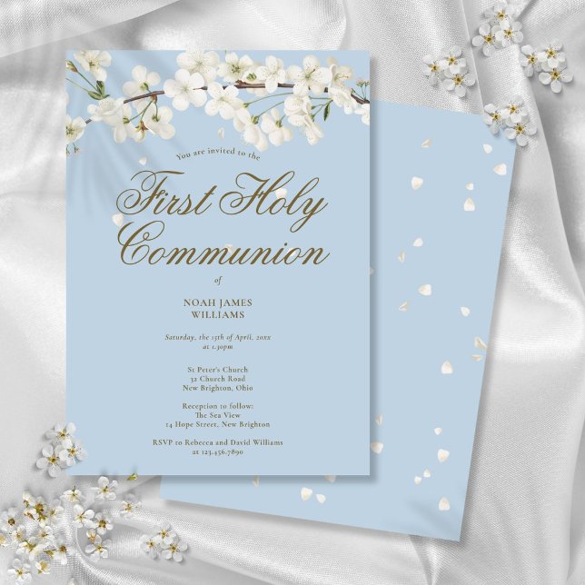 First Holy Communion Blossom Floral Elegant Blue Invitation (First Holy Communion Blossom Floral Elegant Blue Invitation)