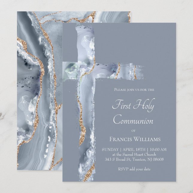 First Holy Communion blue agate Holy Cross Invitation (Front/Back)
