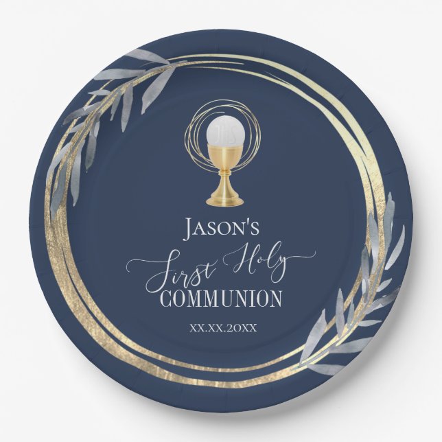 First Holy communion blue and faux gold foil Paper Plate (Front)