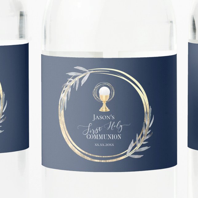 First Holy communion blue and faux gold foil Water Bottle Label (Creator Uploaded)