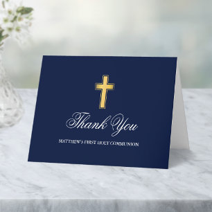 First Holy Communion Blue and Gold Folded Thank You Card