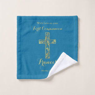 First Holy Communion blue gold cross boys  Wash Cloth