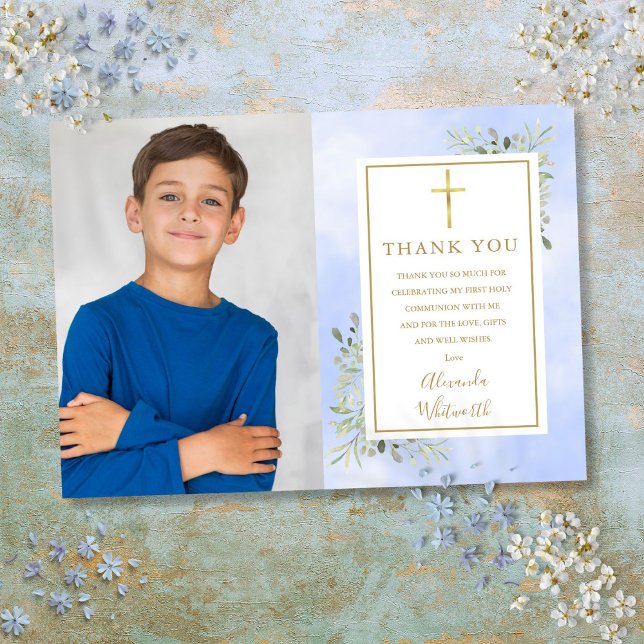 First Holy Communion Blue Greenery Photo Thank You Card (First Holy Communion Blue Greenery Photo Thank You Card)